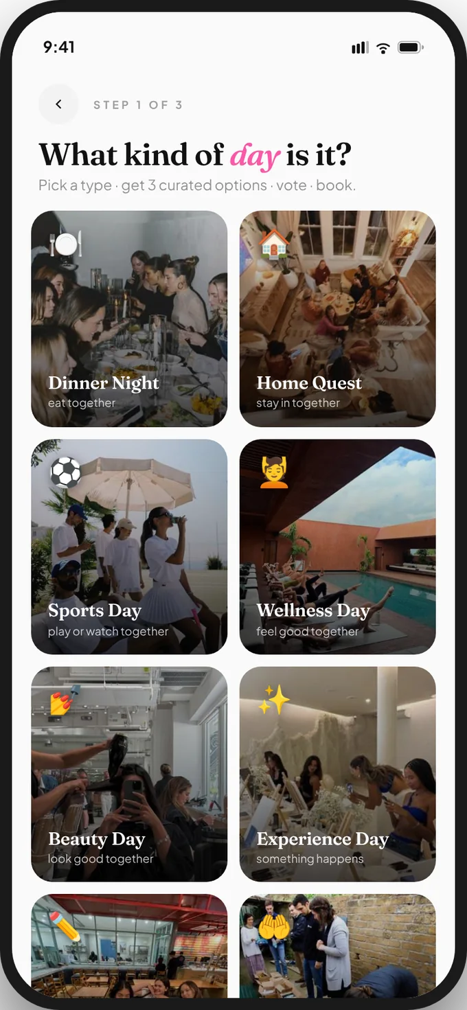 Side Quests app screen: What kind of day is it? with Dinner Night, Home Quest, Sports Day, Wellness Day, Beauty Day and Experience Day cards