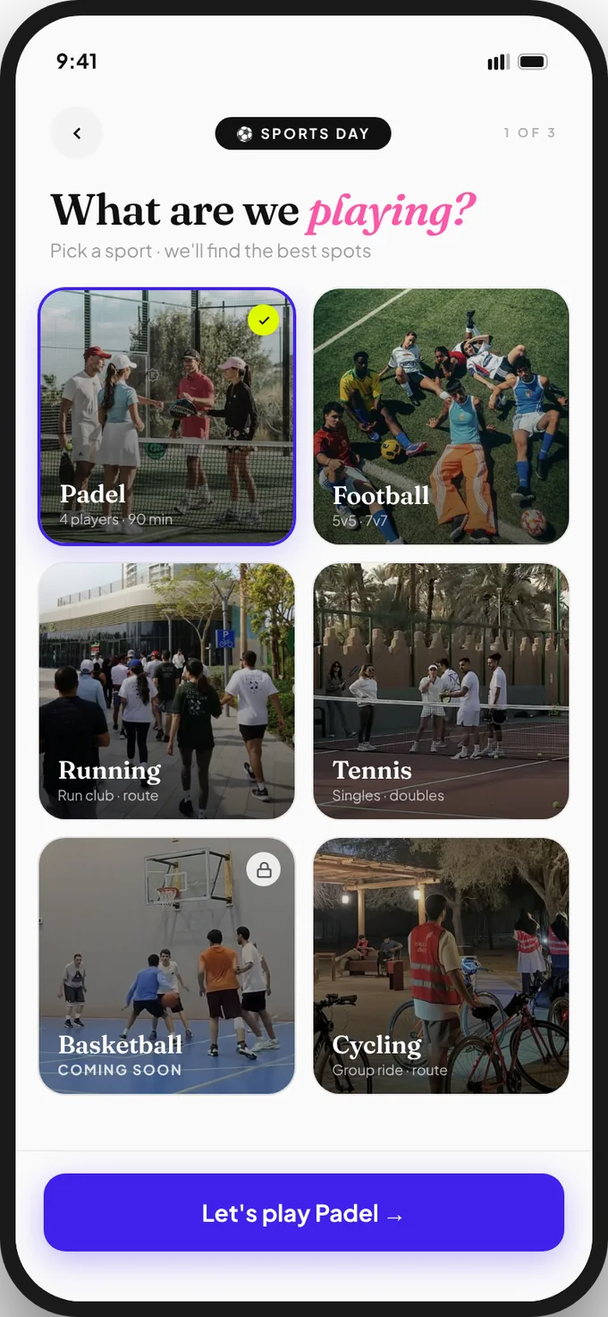 Side Quests app screen: What are we playing? with Padel selected, plus Football, Running, Tennis, Cycling and Basketball coming soon